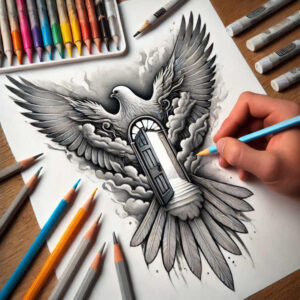 dove-with-leaf – tattoo design ideas free ai generated – realism-contour-shading – for-outer-arm – Gallery: doves-inkby-ai