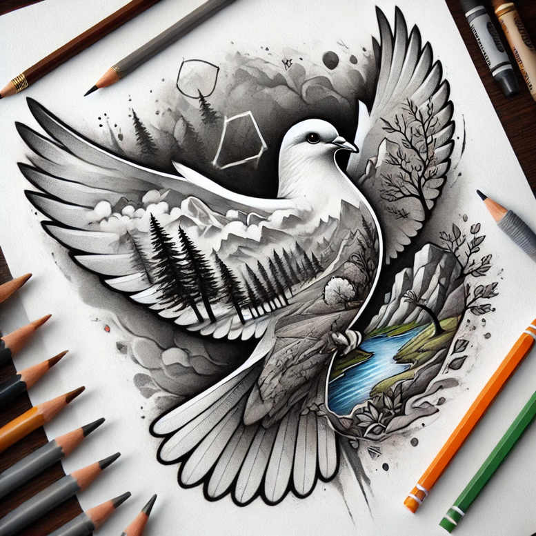 doves tattoo design ideas Surrealism melting forms purity symbol for back