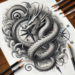Dragon coiled around a compass in black and grey with clouds and pencils; tattoo project; ideal cover-up.