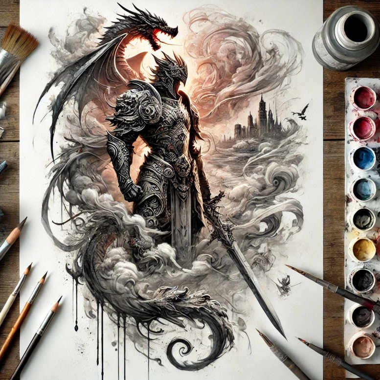 Dragon winding through a cloud and mountain backdrop in black and grey watercolor; AI-generated tattoo project concept, cover-up-ready.