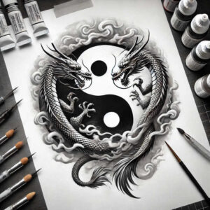 Dragon, yin-yang symbol, and cloud swirls in black and grey; a tattoo project idea suitable for cover-up.