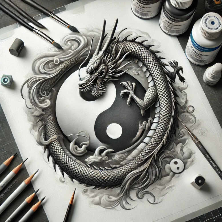 Dragon and yin-yang symbol in black and grey, with clouds and swirling smoke; art tools like brush and pencil around the design on paper; tattoo design project; cover-up-ready.