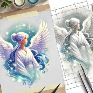 Angel with large wings, halo, and blue hair in a white robe; color illustration on paper; tattoo project; not ideal for cover-up.