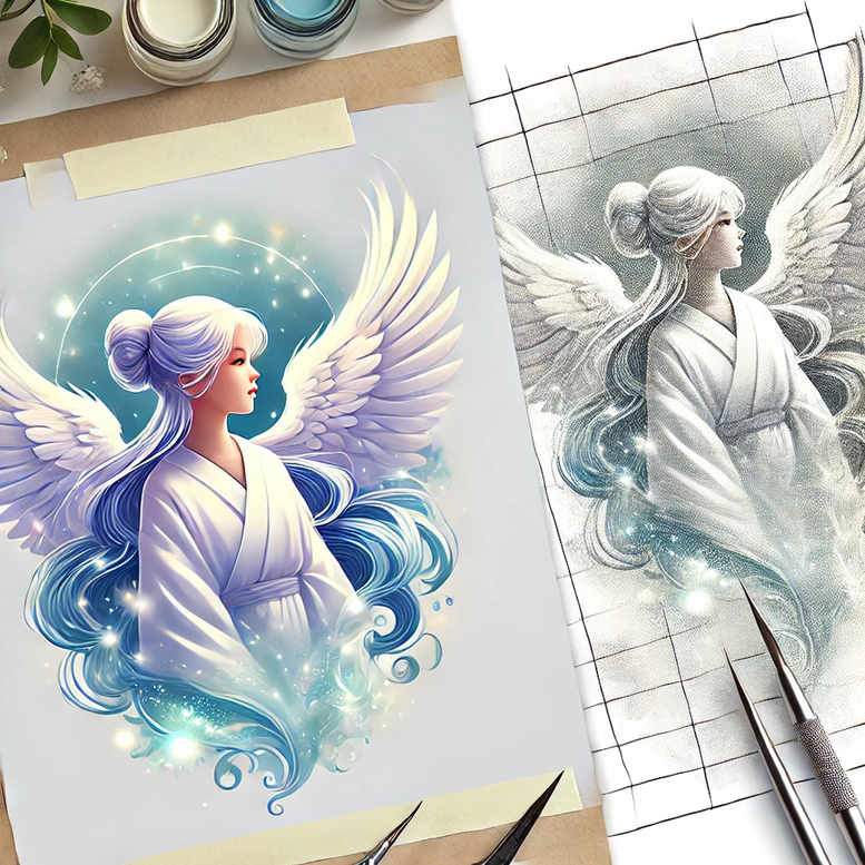 Angel with large wings, halo, and blue hair in a white robe; color illustration on paper; tattoo project; not ideal for cover-up.