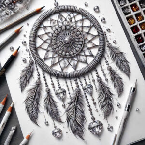 Dreamcatcher circle with geometric web, beads, crystals and long feathers in black and grey; project idea for a tattoo; suitable for a cover-up.