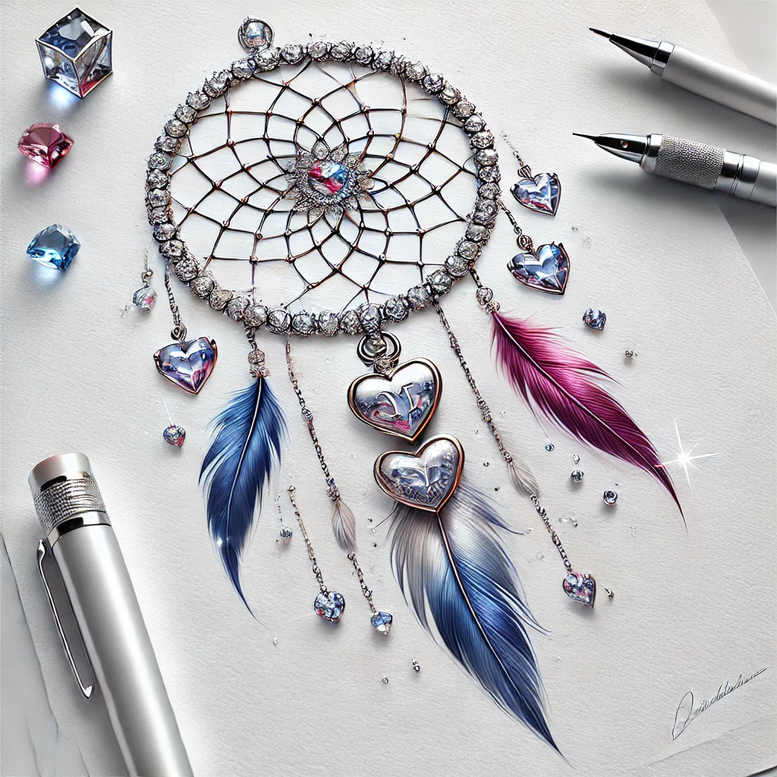 Dreamcatcher tattoo concept with crystal gems, silver web, blue and pink feathers; full color, AI-generated tattoo project.