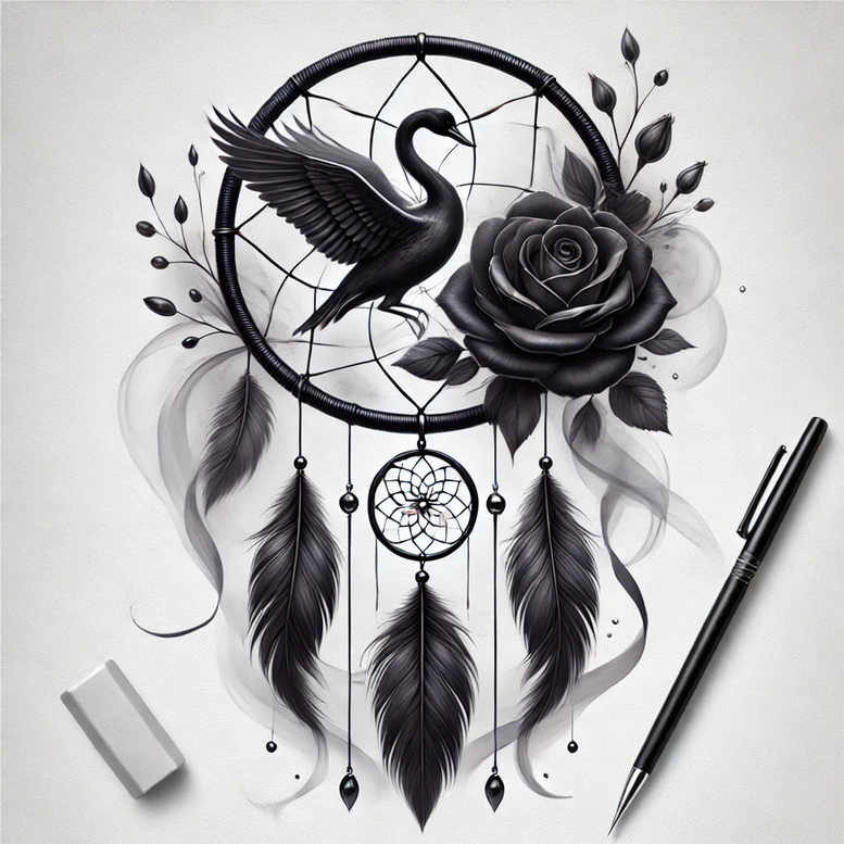 Dreamcatcher with crane, rose, feathers, and beads in black and grey; tattoo design idea.