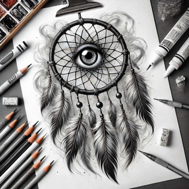 dreamcatcher-and-leaves – tattoo design ideas free ai generated – realism-refined-highlights – for-spine – Gallery: dreamcatchers-inkby-ai
