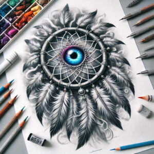 dreamcatcher-detail – tattoo design ideas free ai generated – realism-gentle-shadow – for-temple – Gallery: dreamcatchers-inkby-ai