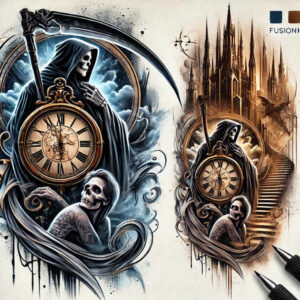 Two grim reaper figures with ornate clock faces and scythes, blue and gold tones, a skeletal foreground, and a castle staircase backdrop; full-color tattoo design, suitable for cover-up.