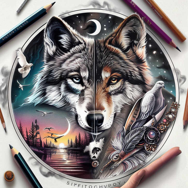 Color tattoo design featuring a wolf head in a circular medallion with a crescent moon, night sky gradient, forest silhouettes, lake reflection, and a deer skull at the bottom; project idea, suitable for cover-up.