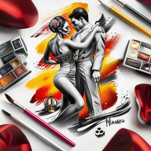Woman and man in grayscale tango pose on a white sheet; dress, suit, crown, brush, palette, and paper visible; black and grey tattoo project; suitable for a cover-up.