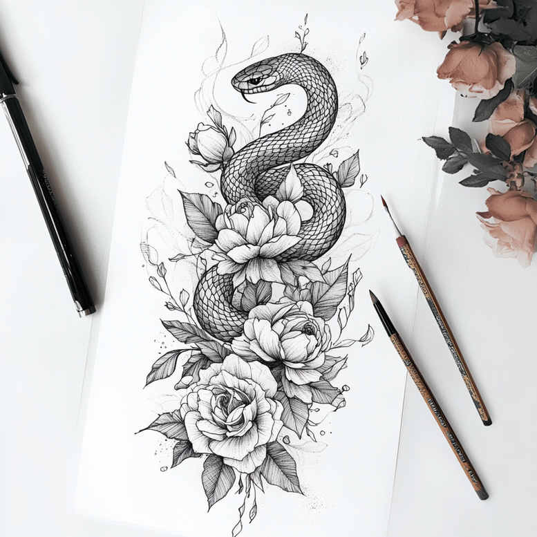 Snake and rose with leaves in black and grey; AI-generated tattoo project idea; cover-up possible.