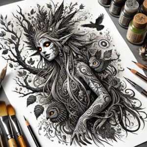 Elf with tree branches and vines, owls, and flowers in black and grey; pattern tattoo concept suitable for cover-up.