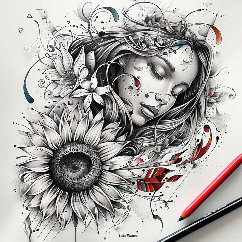 Face of a serene woman with sunflower, leaves, and pencils in black and grey; cover-up project.