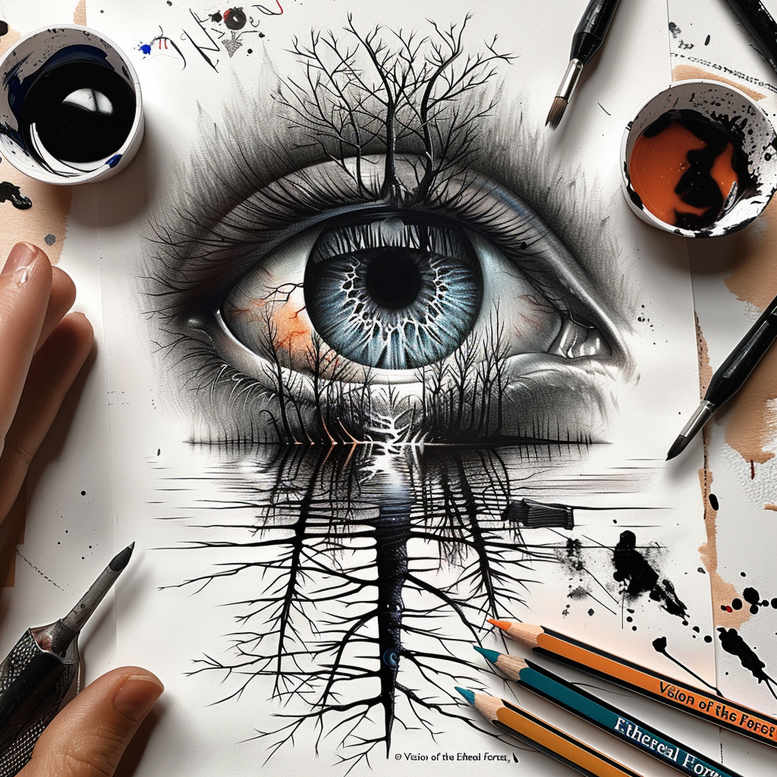 Eye with blue iris and branch pattern in black and grey shading; visible elements: pencil, brush, palette, cup, and hand; AI-generated tattoo project; cover-up ready.
