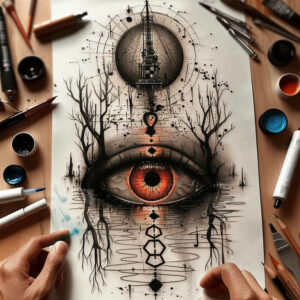 Eye with orange iris and black and grey branches surrounding a tower, rings and diamond motifs; black and grey tattoo idea; cover-up suitable.
