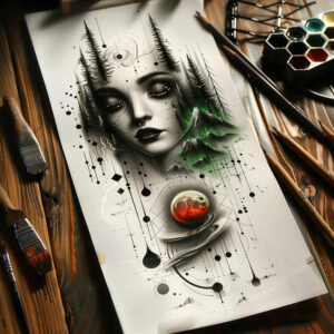 Black and grey portrait of a woman's face with forest and emerald green mountains, geometric lines and a red orb; tattoo design concept, suitable for cover-up.
