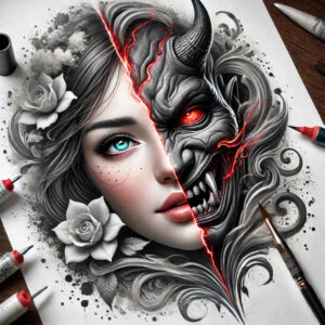 abstract-visage – tattoo design ideas free ai generated – realism-delicate-highlight – for-elbow – Gallery: faces-inkby-ai