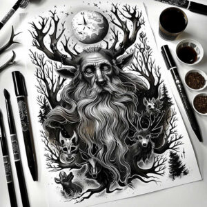 symbolic-face – tattoo design ideas free ai generated – contrast-ink – for-outer-arm – Gallery: faces-inkby-ai