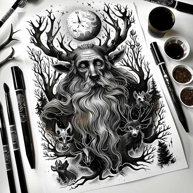 symbolic-face – tattoo design ideas free ai generated – contrast-ink – for-outer-arm – Gallery: faces-inkby-ai