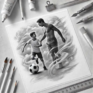 Black and grey drawing of a tattooed man and boy playing soccer on a sheet of paper, with pencils, brushes, ruler, glue, and binder clip; tattoo design idea; not cover-up.