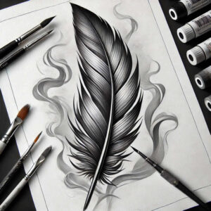Feather tattoo design in black and grey on white paper, with brushes and ink tubes visible; a detailed AI-generated tattoo project.