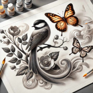 Bird (black and grey) on a branch with grayscale flowers and leaves, plus orange and black monarch butterflies; tattoo project idea; not specifically for cover-up.