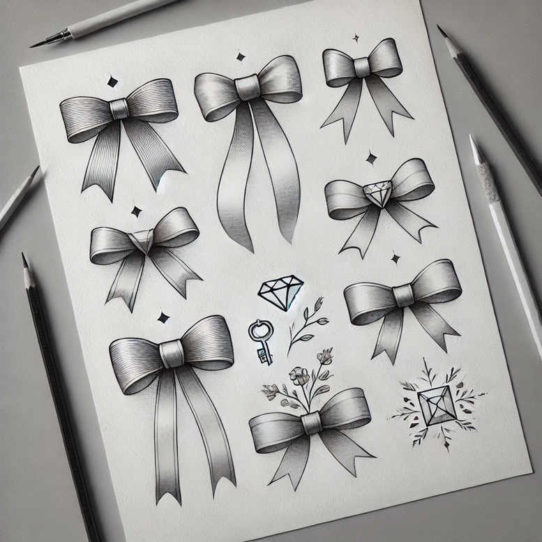 Black and grey tattoo design idea featuring bows, diamond, key, flower sprig, and envelope; project concept, not intended for cover-up.