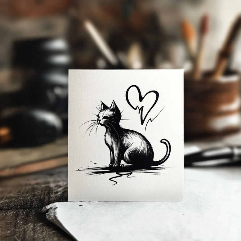 Cat and heart line drawing on a white card, black and grey ink; tattoo project idea; not primarily for cover-up.
