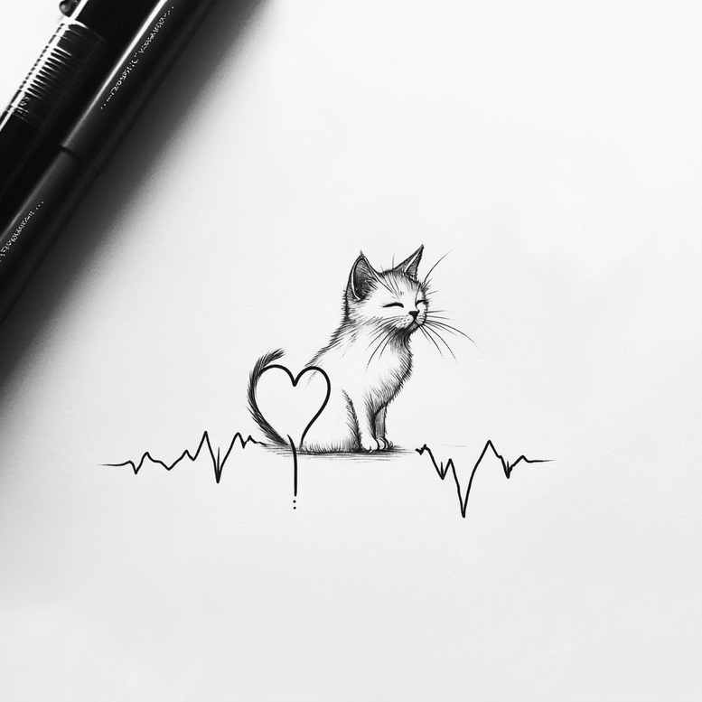 Cat with a heart-shaped heartbeat line in black and grey ink; sketchy tattoo design idea with pens in the corner.