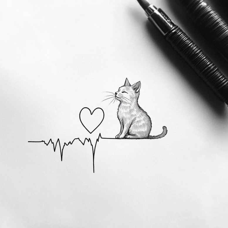 Black and grey line drawing of a cat with a heart and heartbeat line; tattoo design idea, suitable for a cover-up.
