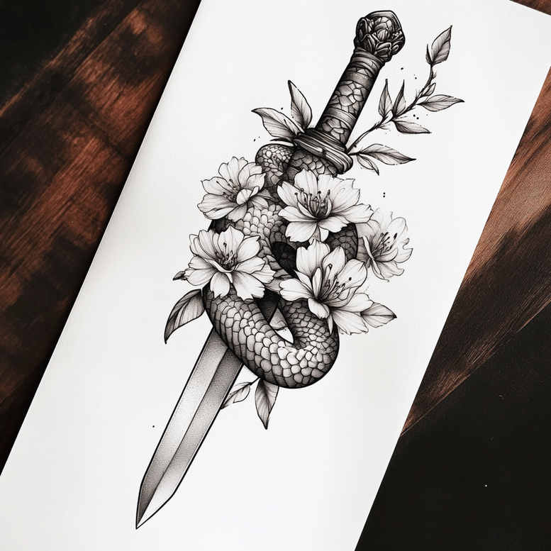 Black and grey dagger wrapped by a coiled snake among blossoms; tattoo design concept; project; cover-up: no.