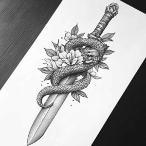 Dagger in black and grey with a coiled snake and blooming flower with leaves; AI-generated tattoo project; not a cover-up.