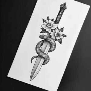 Black and grey linework dagger, snake, and flower tattoo design concept; tattoo project idea, suitable for a cover-up.