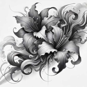 Black and grey flowers with flowing swirls and fine line shading; pattern-rich tattoo project idea, suitable for cover-up.