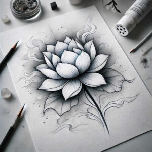 Lotus blossom drawing in black and grey on white paper; tattoo design idea, not a cover-up.