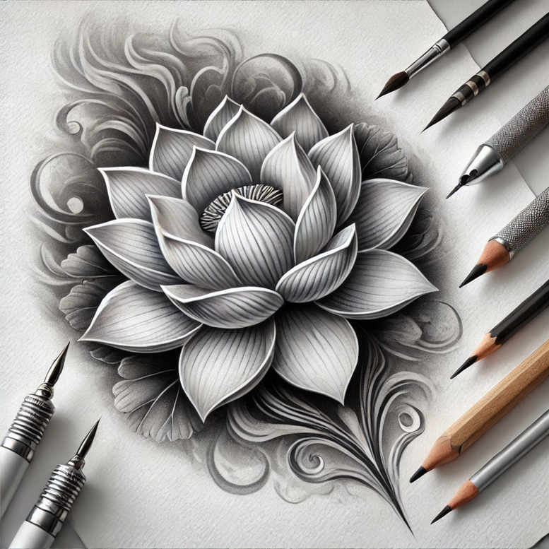 Close-up of a black and grey lotus tattoo design on paper with pencils and tattoo machines nearby; an AI-generated tattoo project concept.