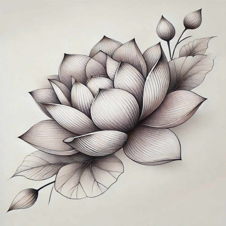 Lotus, leaf, and bud depicted in black and grey linework; a detailed tattoo design idea, pattern emphasis, suitable for cover-up.