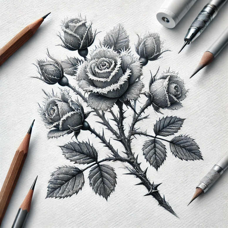 Rose drawing in black and grey pencil on paper with roses, buds, leaves, thorns, and surrounding pencils; tattoo design idea; not ideal for cover-up.