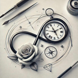 Black and grey tattoo concept featuring rose, clock, compass, diamond, and brushes; AI-generated tattoo project idea; includes graphic patterns; not specifically for cover-up.