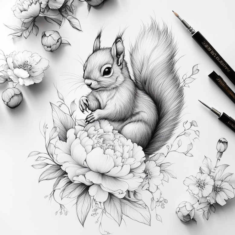 A black and grey pencil sketch of a squirrel perched on a peony, with buds and leaves; tattoo design idea; not specifically for cover-up.