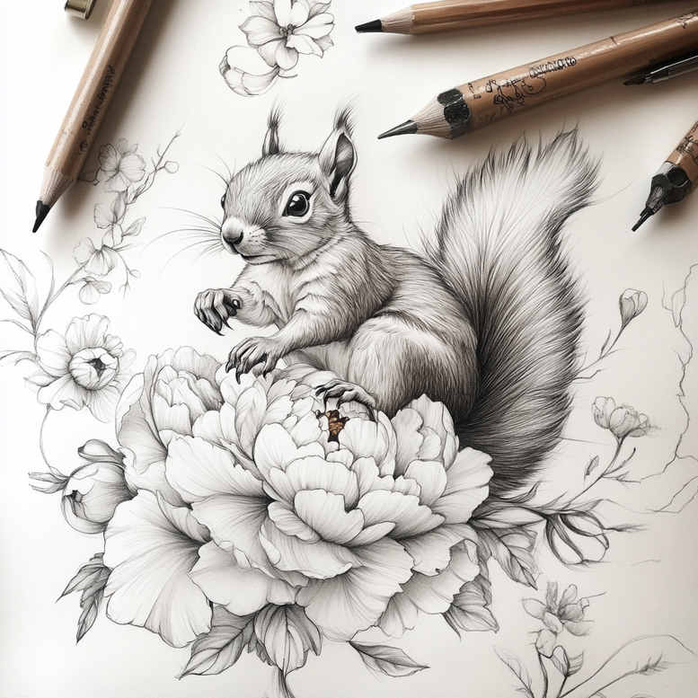 Black-and-grey pencil sketch of a squirrel perched on a blooming peony with leaves and stems; tattoo design idea; cover-up suitability: no.
