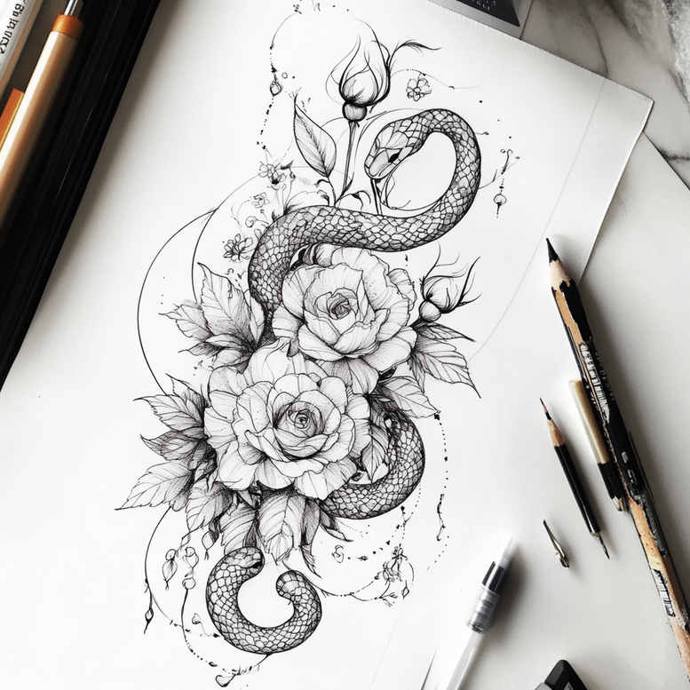 Snake wrapped around roses with leaves in black and grey; tattoo design concept; project idea; ideal for a cover-up.