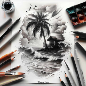 Palm tree, hut on stilts, waves, and clouds in black and grey; tattoo project idea, cover-up ready.