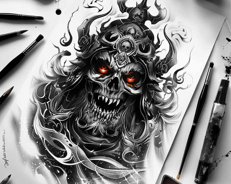 Koschei the Deathless skull demon in black and grey, fierce skeletal face with glowing red eyes, wild hair; AI-generated concept, cover-up ready.