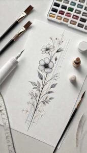 Flower stems with leaves on paper; black and grey line drawing; pencil sketch with brushes, palette, and ruler nearby; AI-generated tattoo project concept; pattern; not a cover-up.