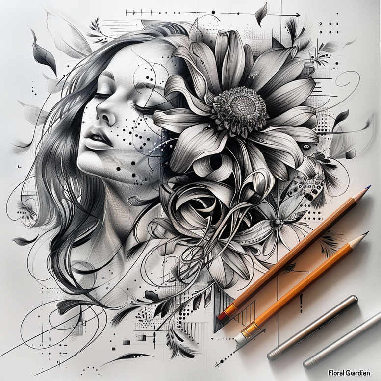 Face, flower, petals, and pencils in black and grey; concept sketch for a tattoo project, cover-up suitable.