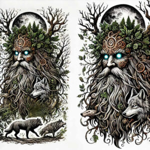 Leshy forest spirit tattoo design in black and grey, showing an ancient bearded figure with a crown of branches, a full moon behind, and a wolf at his feet; project idea, cover-up suitable.