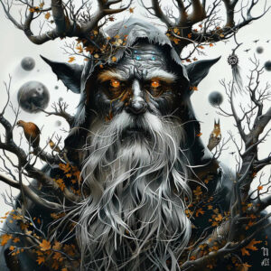 Forest elder portrait in a hooded cloak with antlers, white beard, orange eyes, among leafless branches and a pale moon; black and grey tattoo project; cover-up ready.